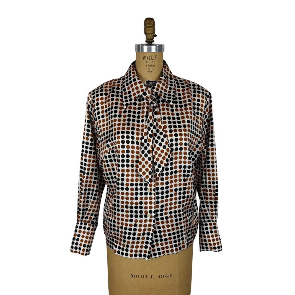 Vintage 70s Polka Dot Top Womens XL Brown Black Tie Neck Long Slv Shirt